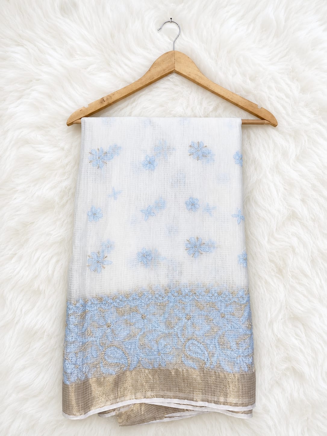 White Cotton Dupatta with Powder Blue Floral Embroidery & Golden Border