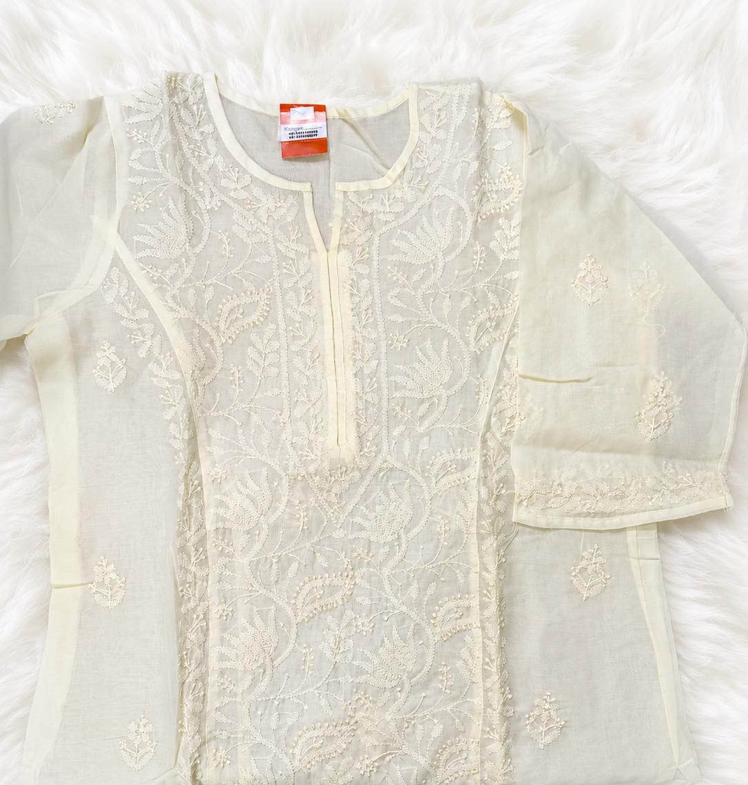 Ivory Yellowish White Premium Chikankari Kurti