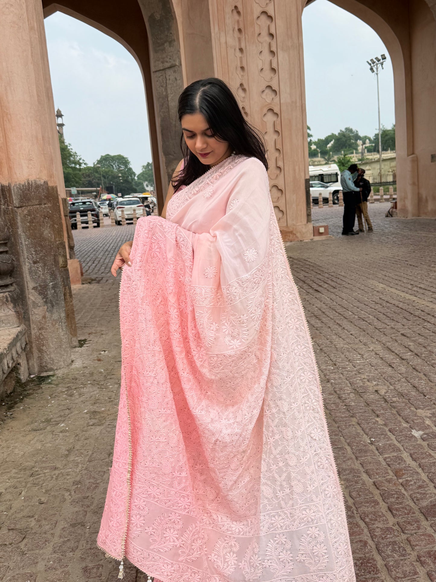 Pink Floral Chikankari Embroidered Dupatta