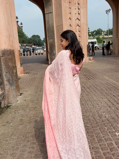 Pink Floral Chikankari Embroidered Dupatta