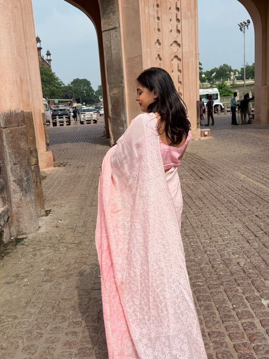Pink Floral Chikankari Embroidered Dupatta