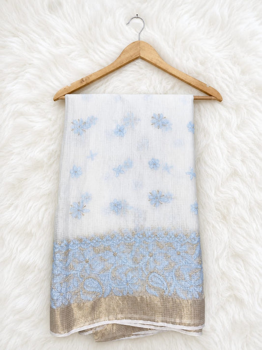 White Cotton Dupatta with Powder Blue Floral Embroidery & Golden Border