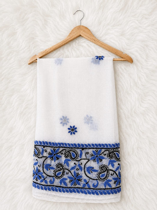 White Cotton Dupatta with Royal Blue Floral Embroidery Border