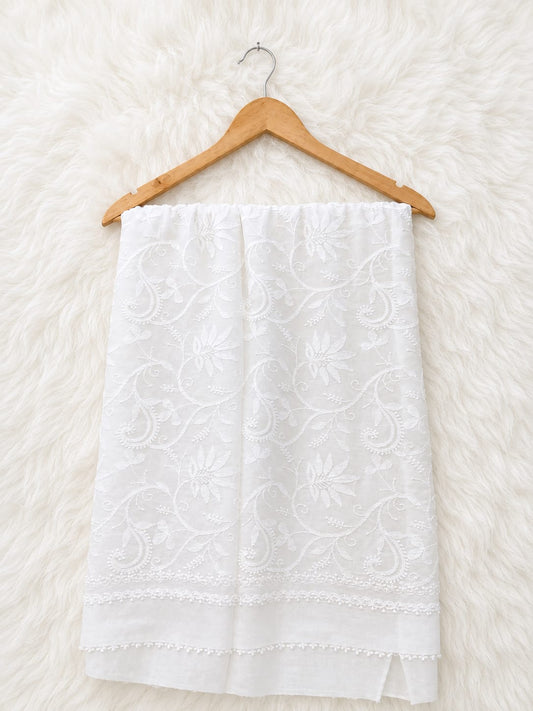 Pure White Chikankari Embroidered Cotton Dupatta