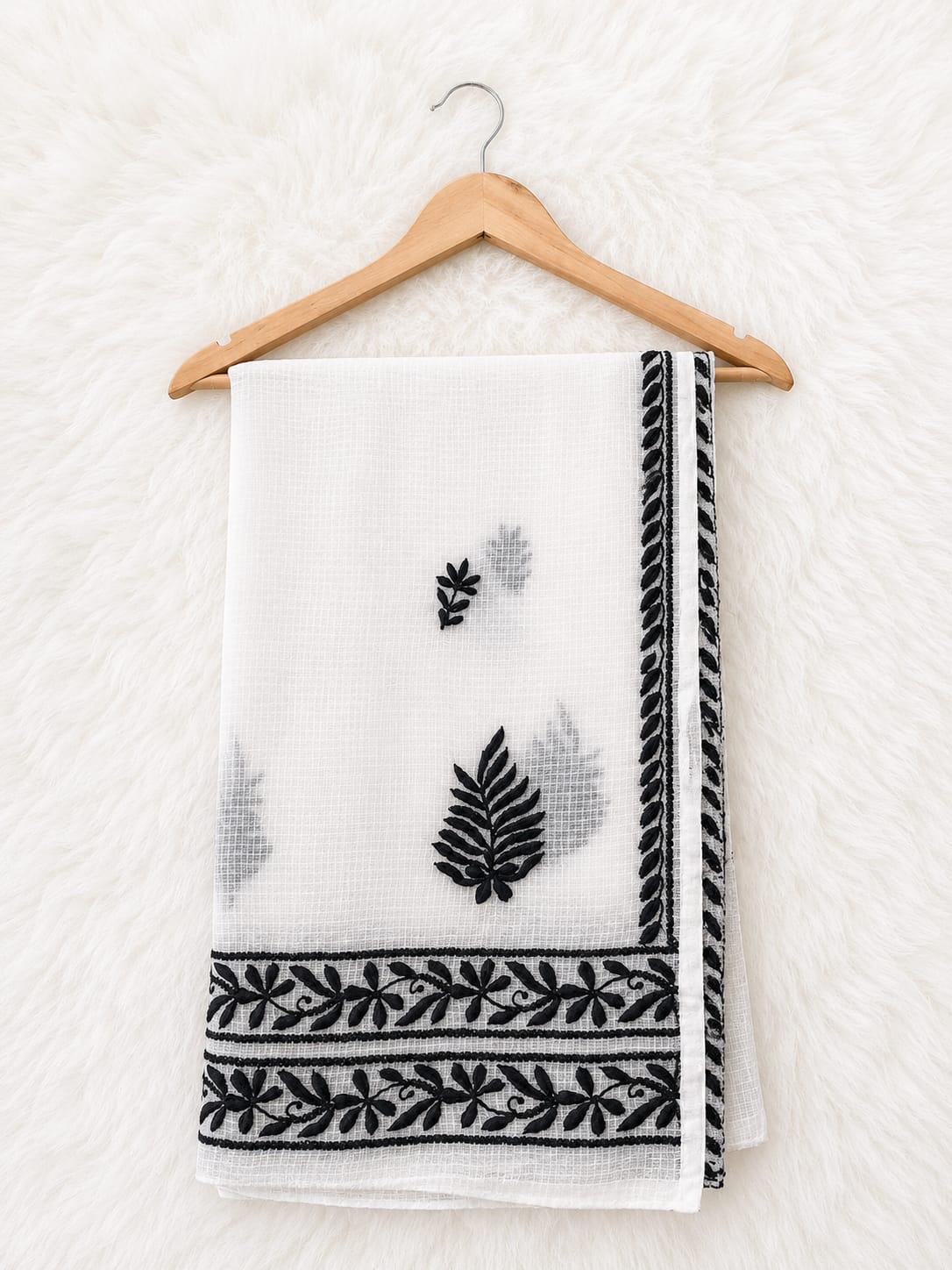 Elegant White Cotton Dupatta with Black Floral Embroidery Border