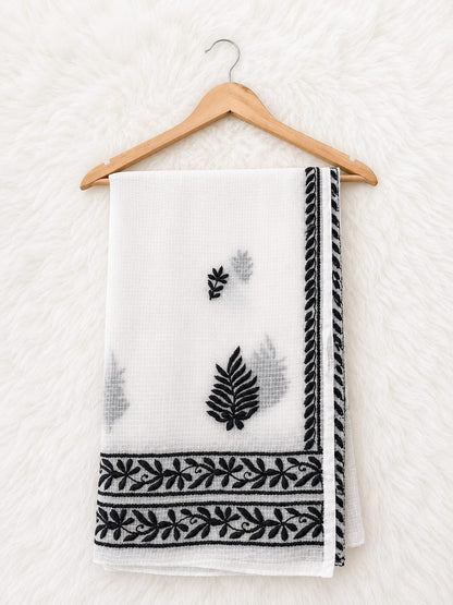 Elegant White Cotton Dupatta with Black Floral Embroidery Border