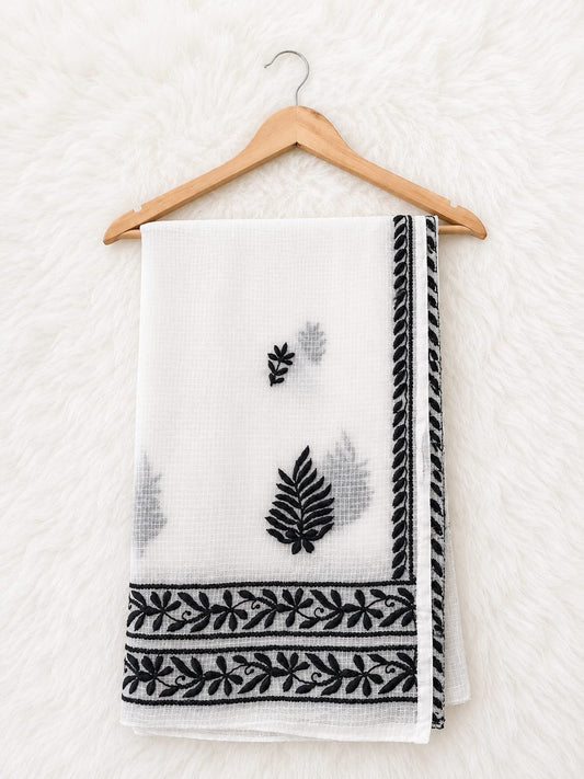 Elegant White Cotton Dupatta with Black Floral Embroidery Border