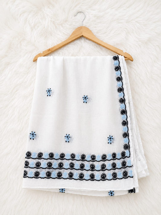 Snow White Embroidered Cotton Dupatta with Blue & Black Floral Border