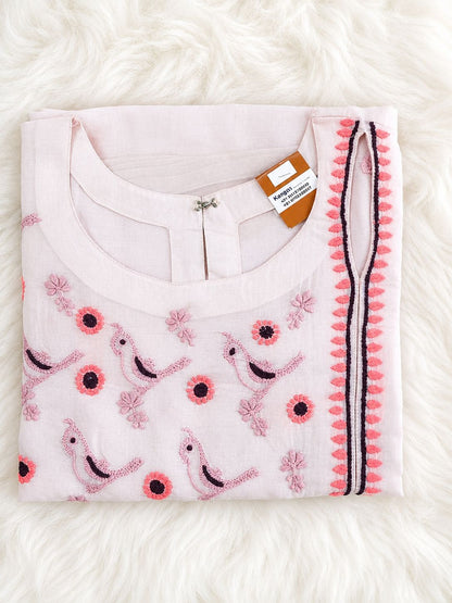 Blush Pink Bird Embroidered Cotton Kurti