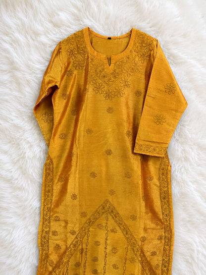 Golden Hand Embroidered Straight Kurti