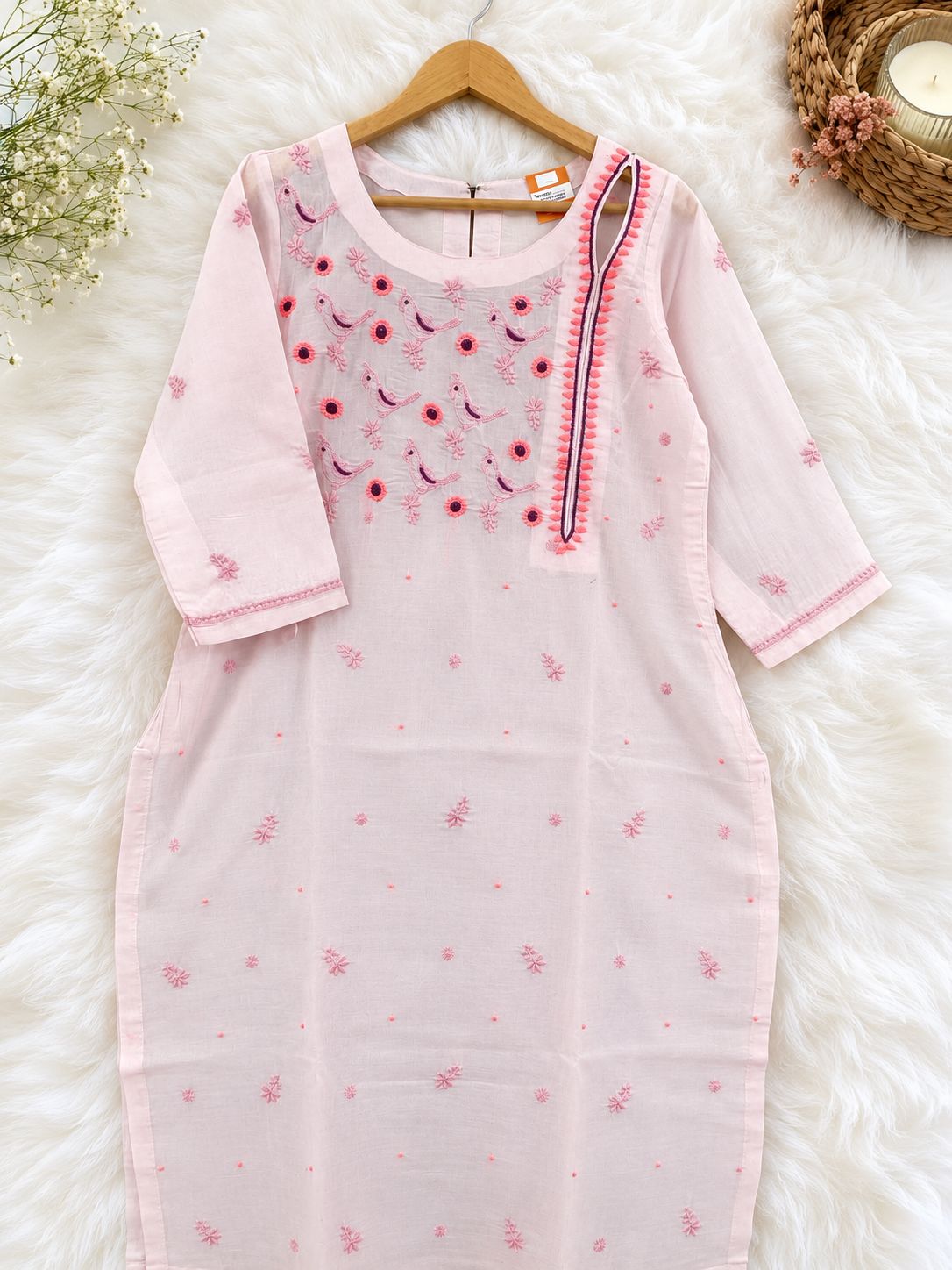 Blush Pink Bird Embroidered Cotton Kurti