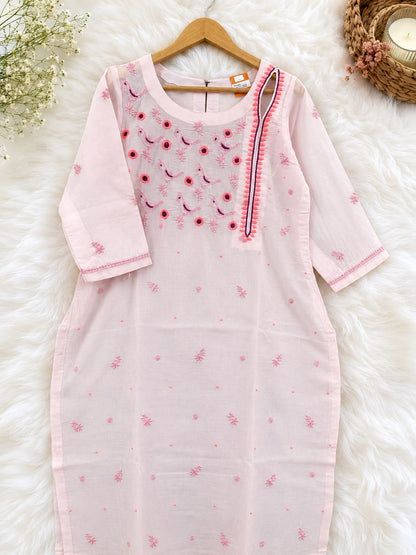 Blush Pink Bird Embroidered Cotton Kurti