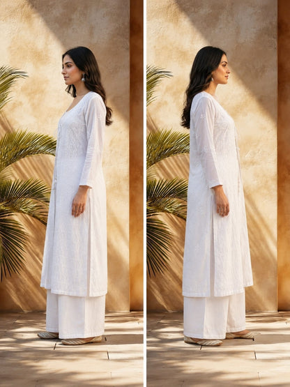 Ethereal White Embroidered Layered Kurti Set