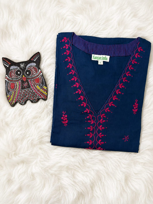 Midnight Blue Hand Embroidered Cotton Kurti