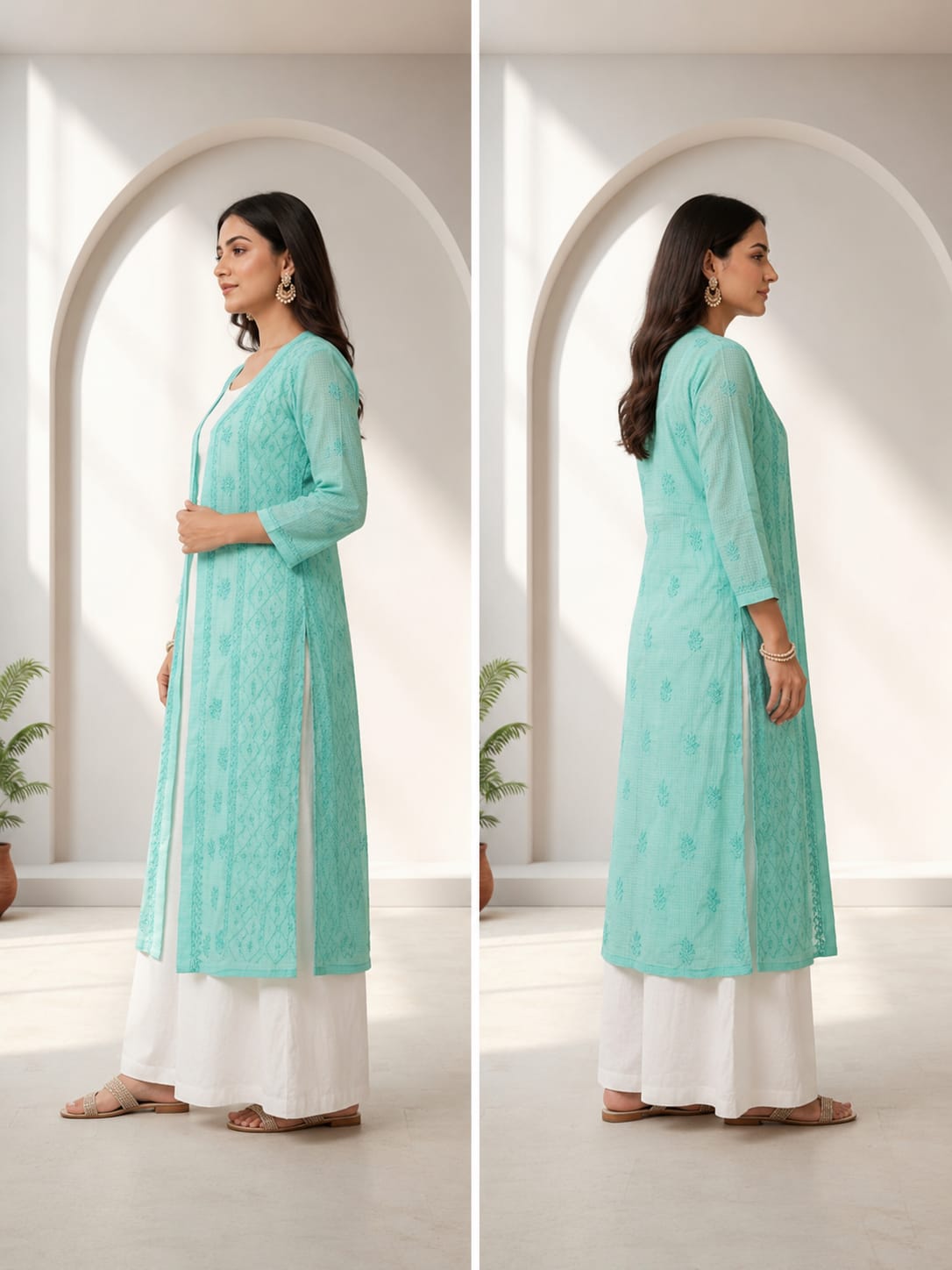 Serene Teal Embroidered Layered Kurti