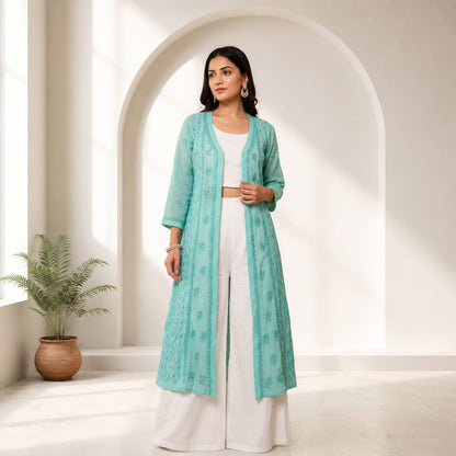 Serene Teal Embroidered Layered Kurti