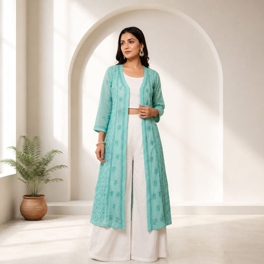 Serene Teal Embroidered Layered Kurti
