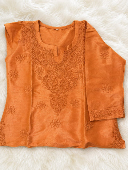 Rust Orange Handcrafted Chikankari silk Kurti