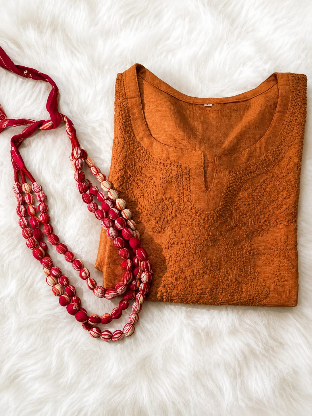 Rust Orange Handcrafted Chikankari silk Kurti