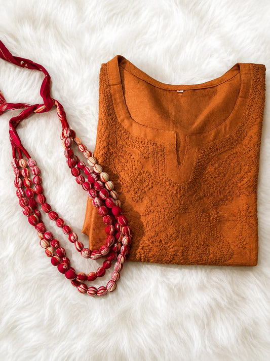 Rust Orange Handcrafted Chikankari silk Kurti