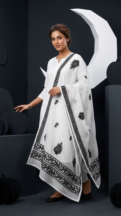 Elegant White Cotton Dupatta with Black Floral Embroidery Border