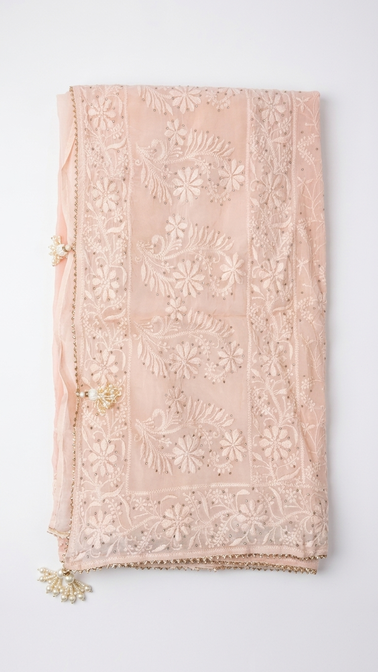 Pink Floral Chikankari Embroidered Dupatta