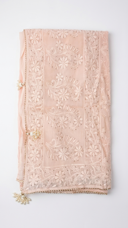 Pink Floral Chikankari Embroidered Dupatta