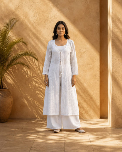 Ethereal White Embroidered Layered Kurti Set