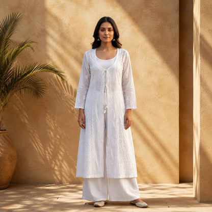 Ethereal White Embroidered Layered Kurti Set