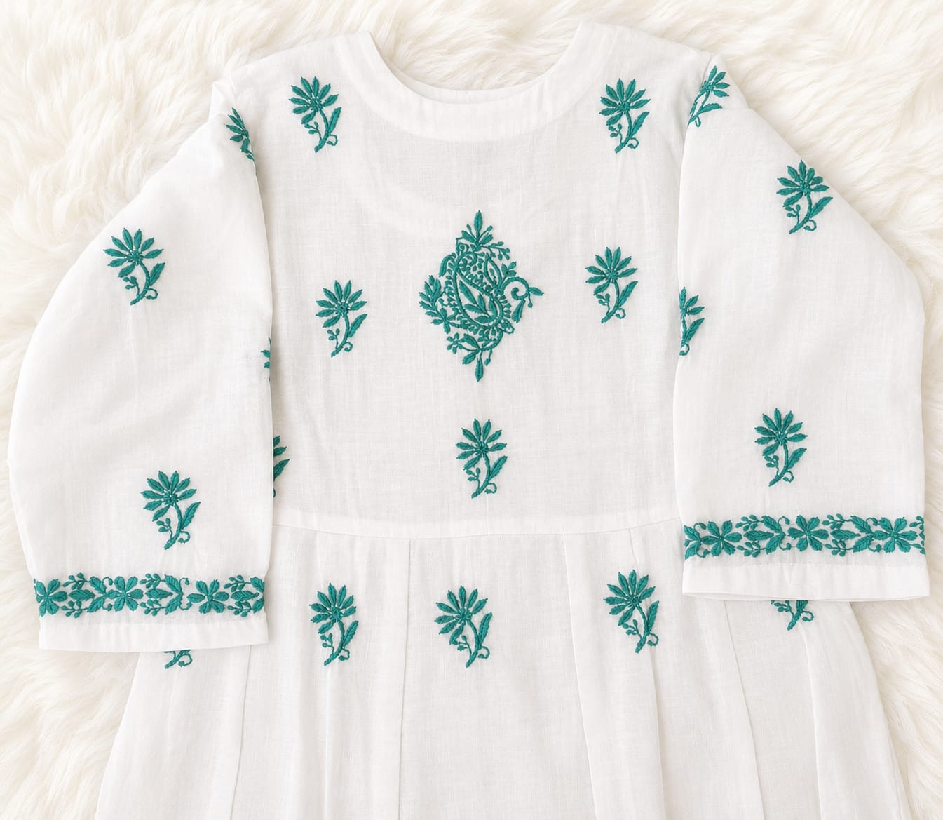 Ivory Elegance Chikankari Kurti with Emerald Green Hand Embroidery