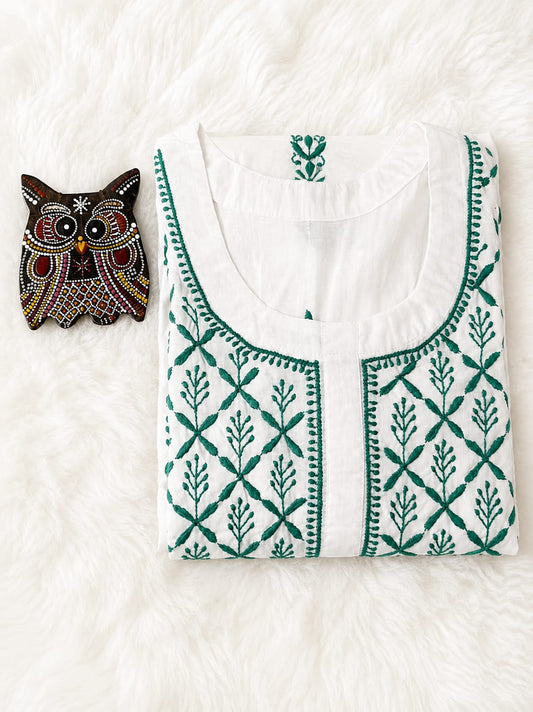 Ivory Elegance Chikankari Kurti with Emerald Green Hand Embroidery