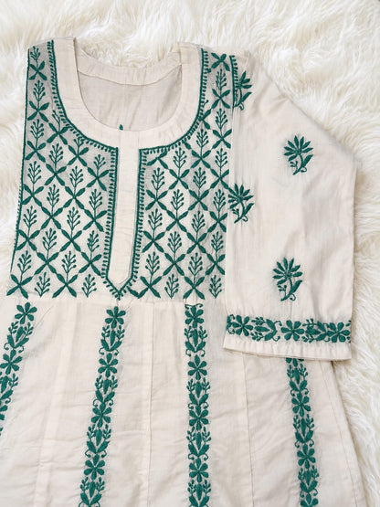 Ivory Elegance Chikankari Kurti with Emerald Green Hand Embroidery
